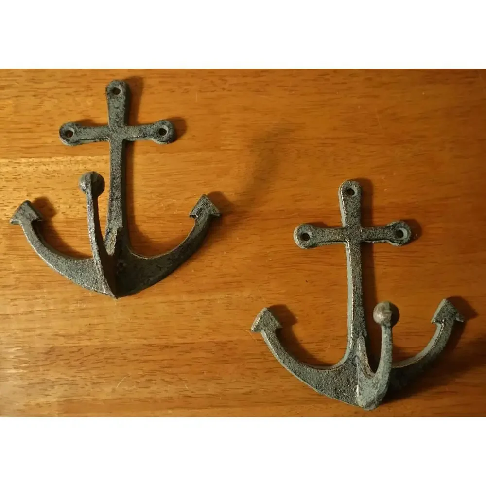 2 Nautical CAST IRON WALL PLAQUE TROPICAL ANCHOR BEACH TOWEL HOOK Home Decor Set